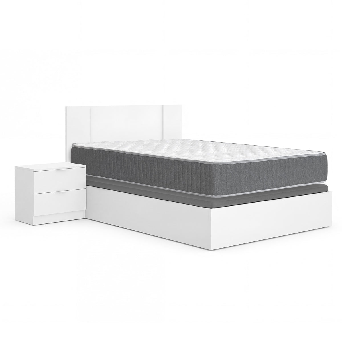 Pack ahorro matrimonio Canapé, Cabecero con 2 Mesitas Flow y Colchón viscoelástico y muelles Aurea 135 x 190 cm