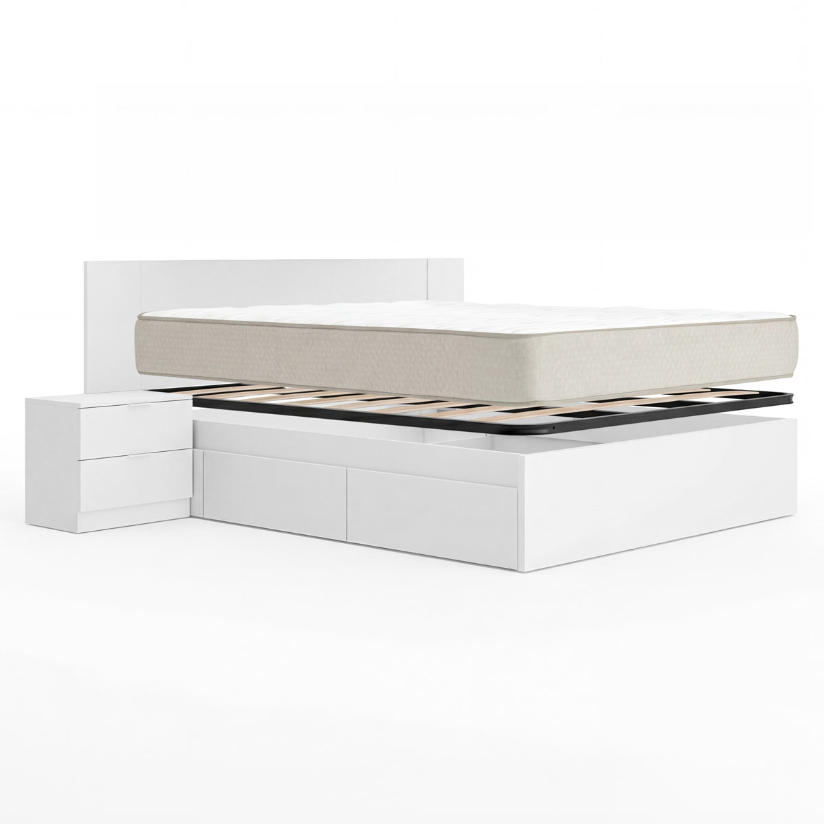 Pack ahorro matrimonio Cama compacta, Cabecero y 2 Mesitas Len, Colchón viscoelástico Nova Plus y Somier 150 x 190 cm