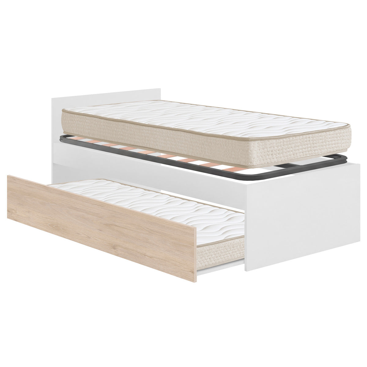 Pack ahorro juvenil Cama nido con Cabecero Top, 1 Somier y 2 Colchónes viscoelásticos Nova 90 x 190 cm