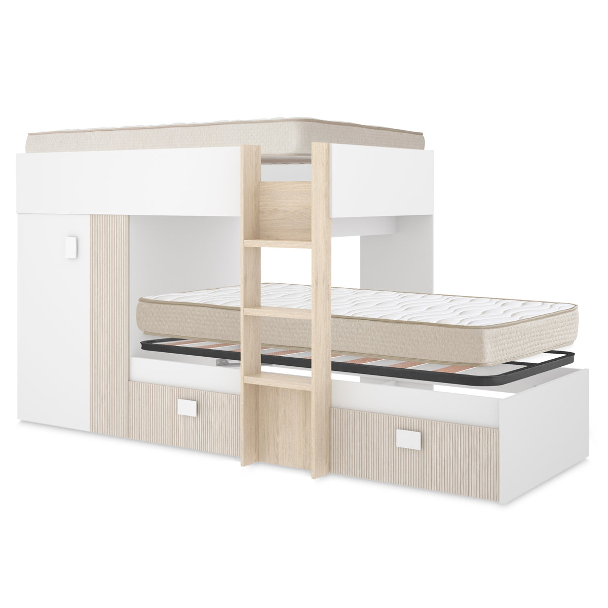 Pack ahorro juvenil Cama tren Groe, 1 Somier y 2 Colchones viscoelásticos Nova 90 x 190 cm