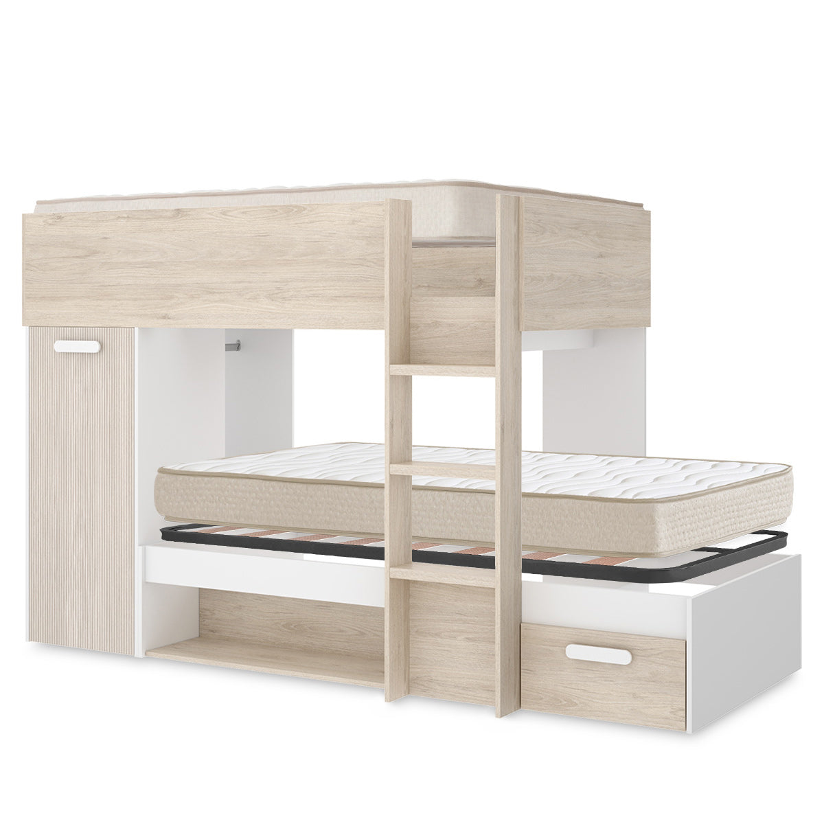 Pack ahorro juvenil Cama tren Kos, 1 Somier y 2 Colchones viscoelásticos Nova 90 x 190 cm