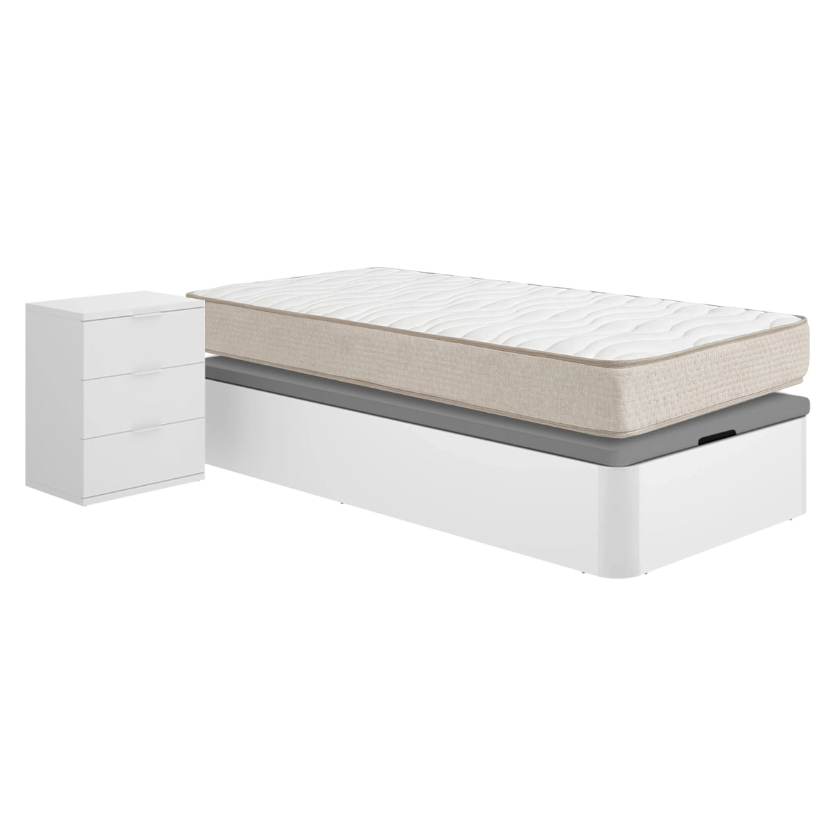 Pack ahorro juvenil Canapé Round con Colchón viscoelástico Nova Plus 90 x 190 cm y Mesita de noche Rio