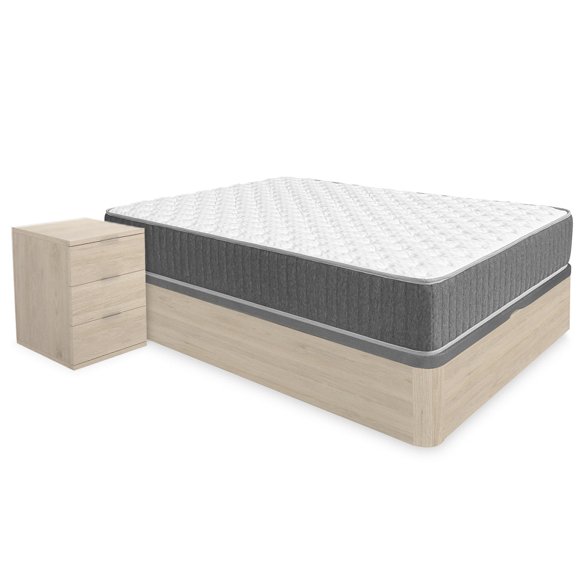 Pack ahorro matrimonio Canapé Round, 2 Mesitas de noche y Colchón viscoelástico y muelles Aurea 135 x 190 cm