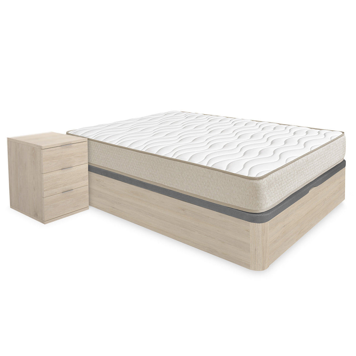 Pack ahorro matrimonio Canapé Round, 2 Mesitas de noche y Colchón viscoelástico Nova Plus 150 x 190 cm