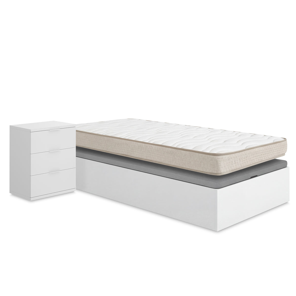Pack ahorro juvenil Canapé Nest con Colchón viscoelástico Nova 90 x 190 cm y Mesita de noche Rio