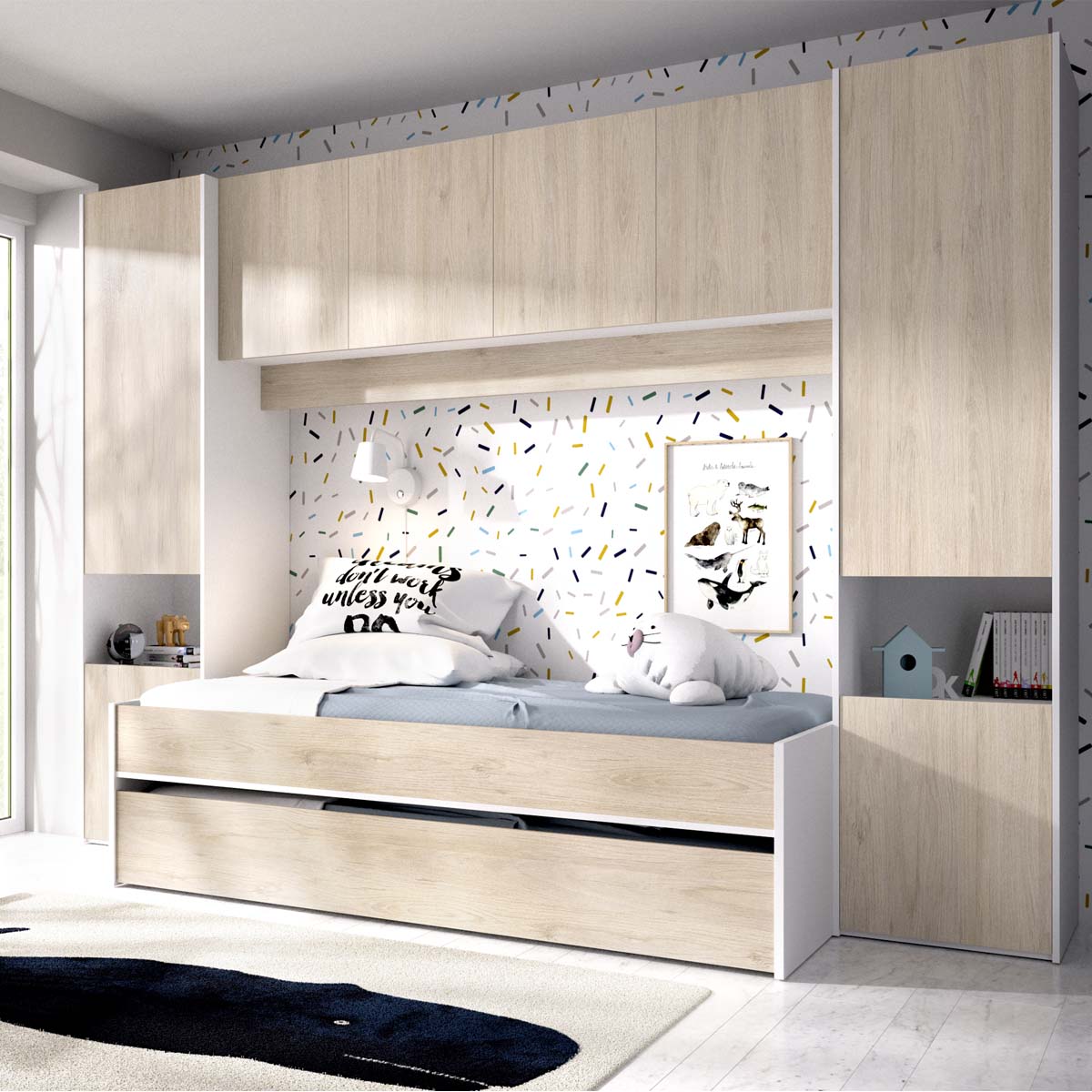 Pack ahorro juvenil Dormitorio puente Kwai, 1 Somier y 2 Colchones viscoelásticos Nova 90 x 190 cm