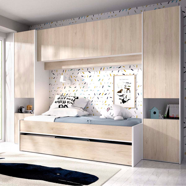 Pack ahorro juvenil Dormitorio puente Kwai, 1 Somier y 2 Colchones viscoelásticos Nova 90 x 190 cm