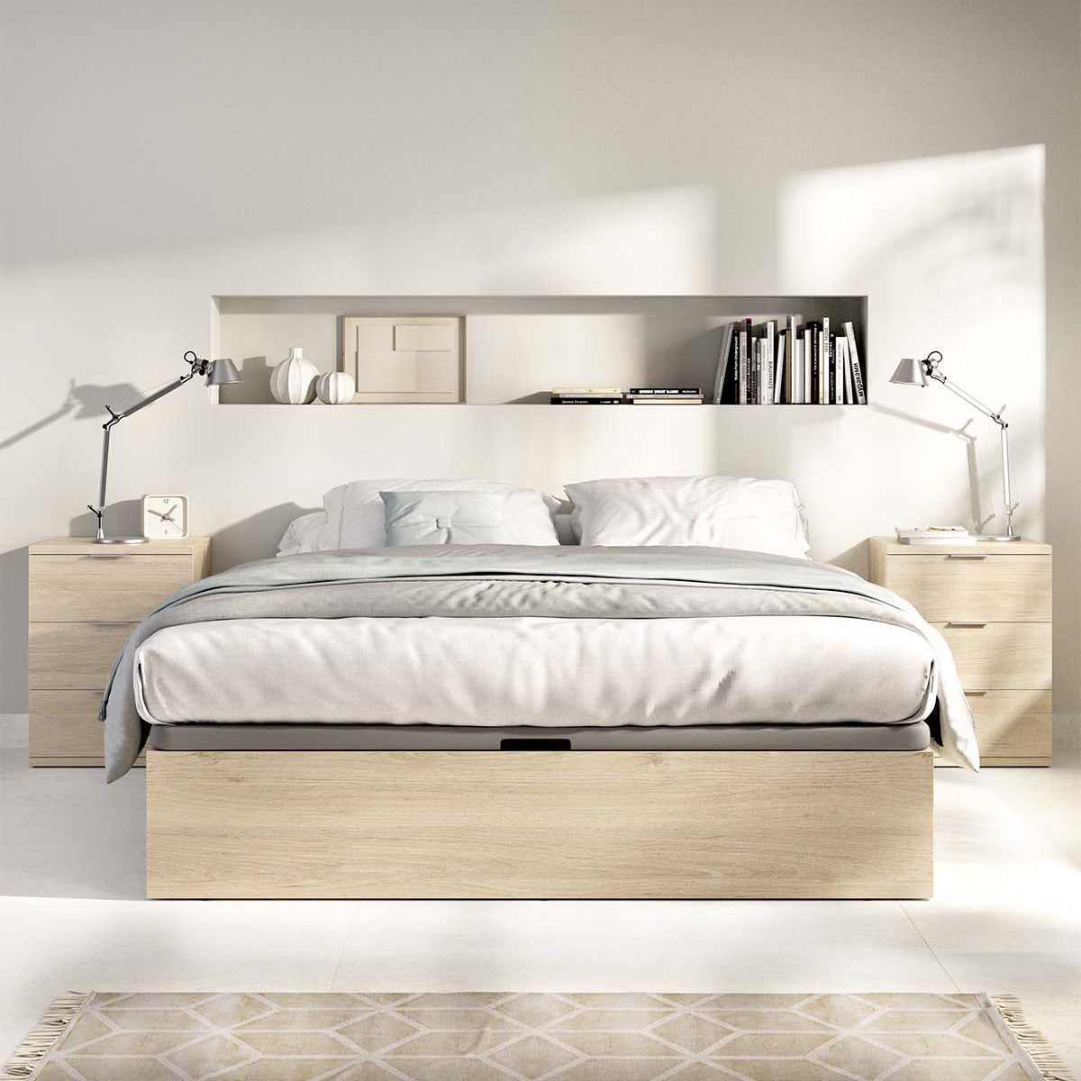Pack ahorro matrimonio Canapé Nest, 2 Mesitas de noche y Colchón viscoelástico Nova Plus 150 x 190 cm