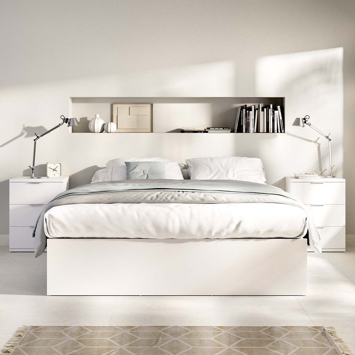 Pack ahorro matrimonio Cama compacta, 2 Mesitas de noche, Colchón viscoelástico Nova Plus y Somier 150 x 190 cm