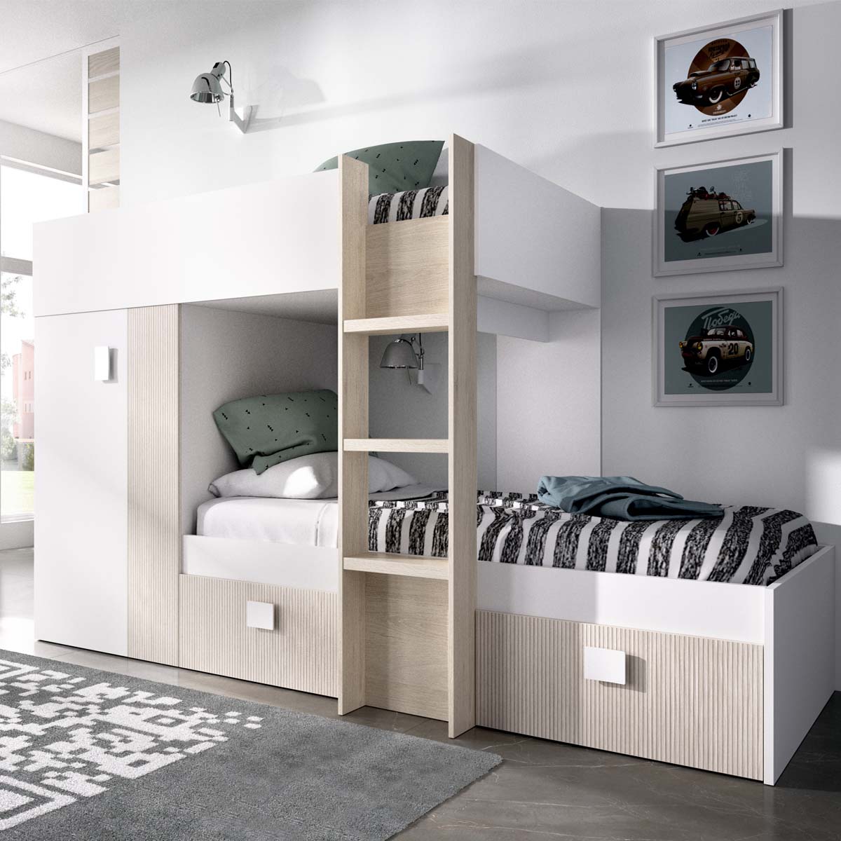 Pack ahorro juvenil Cama tren Groe, 1 Somier y 2 Colchones viscoelásticos Nova 90 x 190 cm