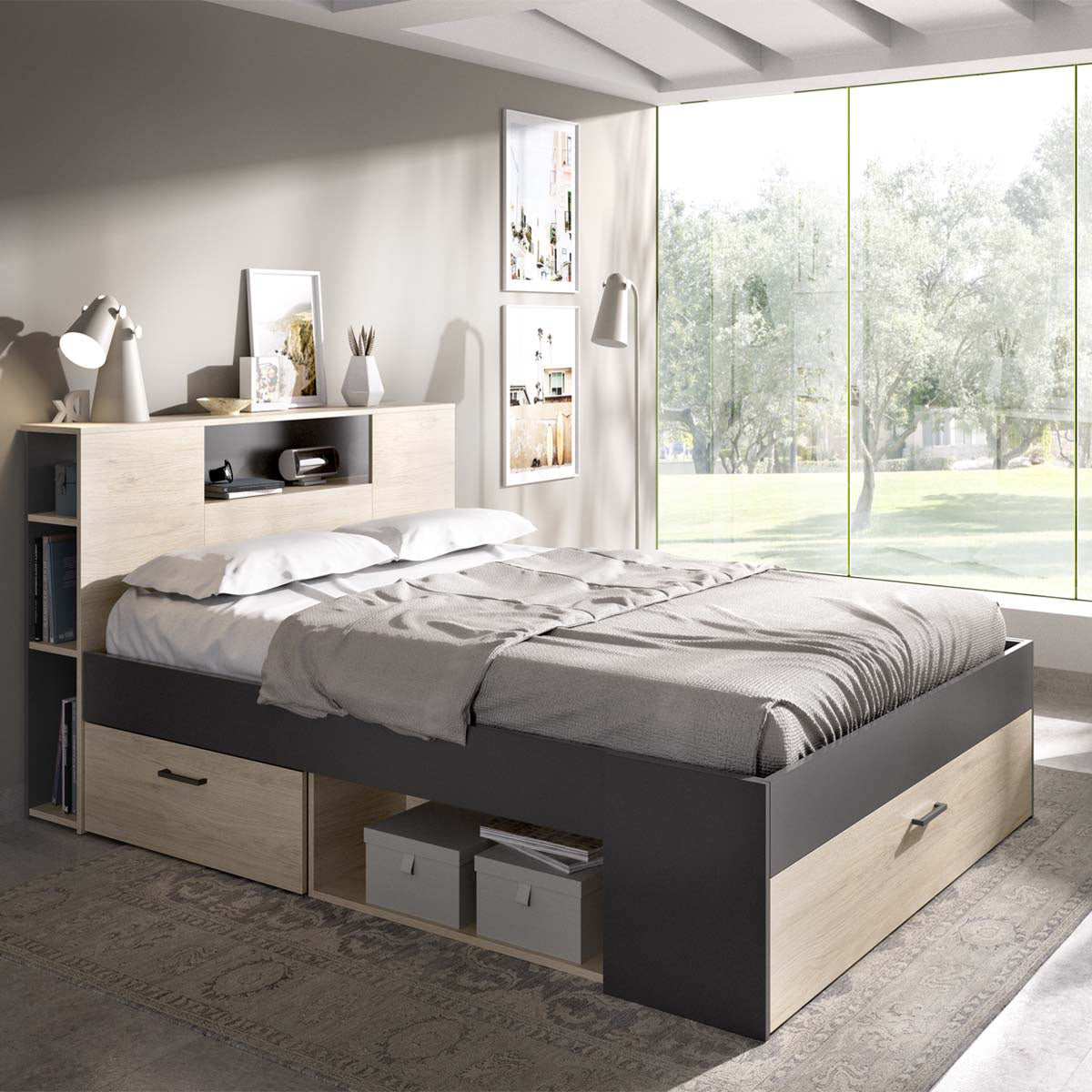 Pack ahorro matrimonio Cama Lanka con cabecero, Colchón Aurea y Somier 135 x 190 cm