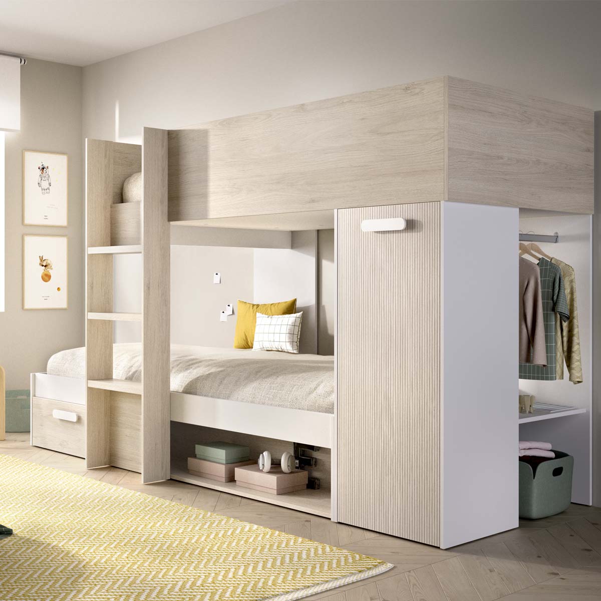 Pack ahorro juvenil Cama tren Kos, 1 Somier y 2 Colchones viscoelásticos Nova 90 x 190 cm