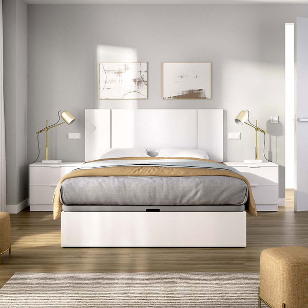 Pack ahorro matrimonio Canapé, Cabecero con 2 Mesitas Flow y Colchón viscoelástico y muelles Aurea 135 x 190 cm
