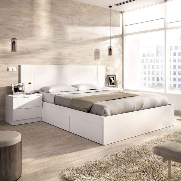 Pack ahorro matrimonio Cama compacta, Cabecero y 2 Mesitas Len, Colchón viscoelástico Nova Plus y Somier 150 x 190 cm