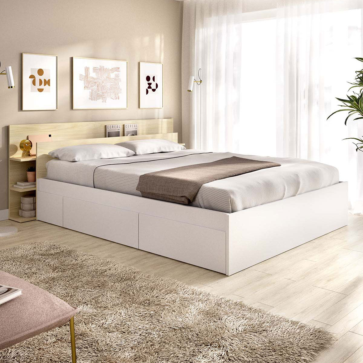 Pack ahorro matrimonio Cama compacta, Cabecero Tori, Colchón viscoelástico y muelles Aurea y Somier 150 x 190 cm