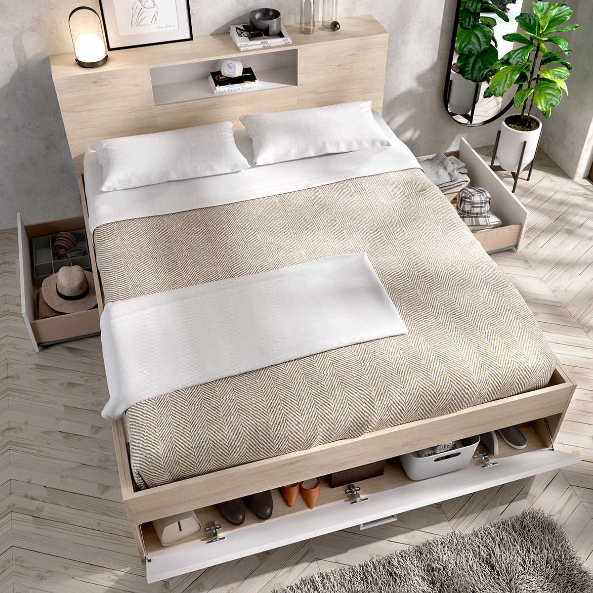 Pack ahorro matrimonio Cama Lanka con cabecero, Colchón Aurea y Somier 135 x 190 cm