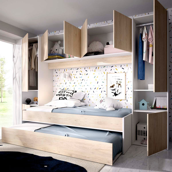 Pack ahorro juvenil Dormitorio puente Kwai, 1 Somier y 2 Colchones viscoelásticos Nova 90 x 190 cm
