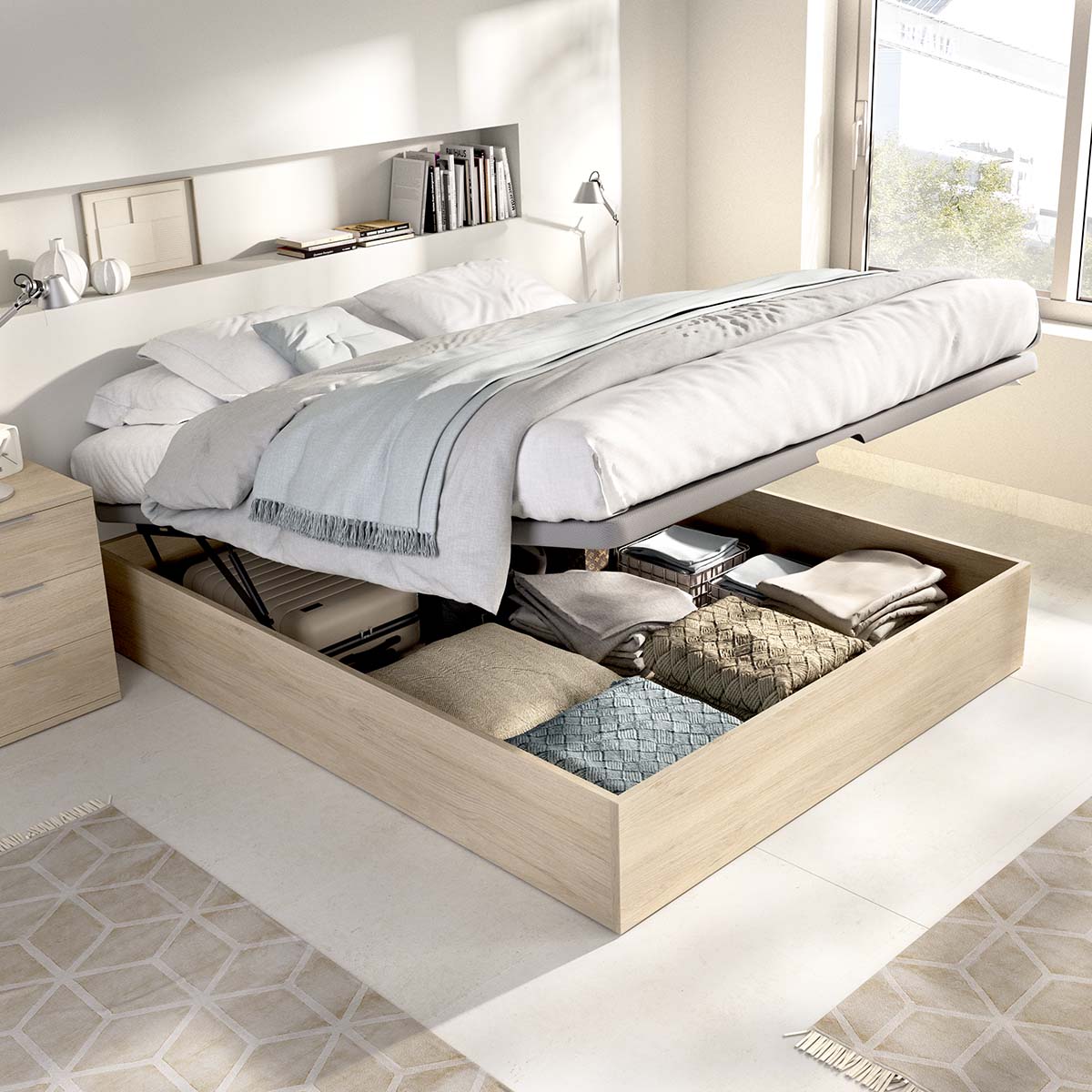 Pack ahorro matrimonio Canapé Nest, 2 Mesitas de noche y Colchón viscoelástico Nova Plus 135 x 190 cm