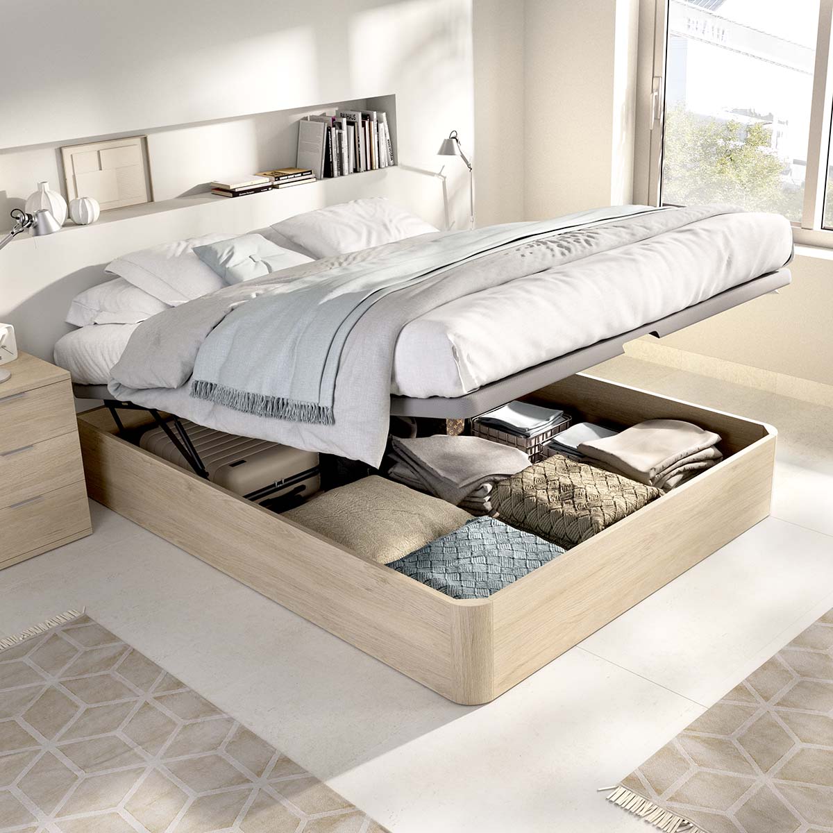 Pack ahorro matrimonio Canapé Round, 2 Mesitas de noche y Colchón viscoelástico y muelles Aurea 150 x 190 cm