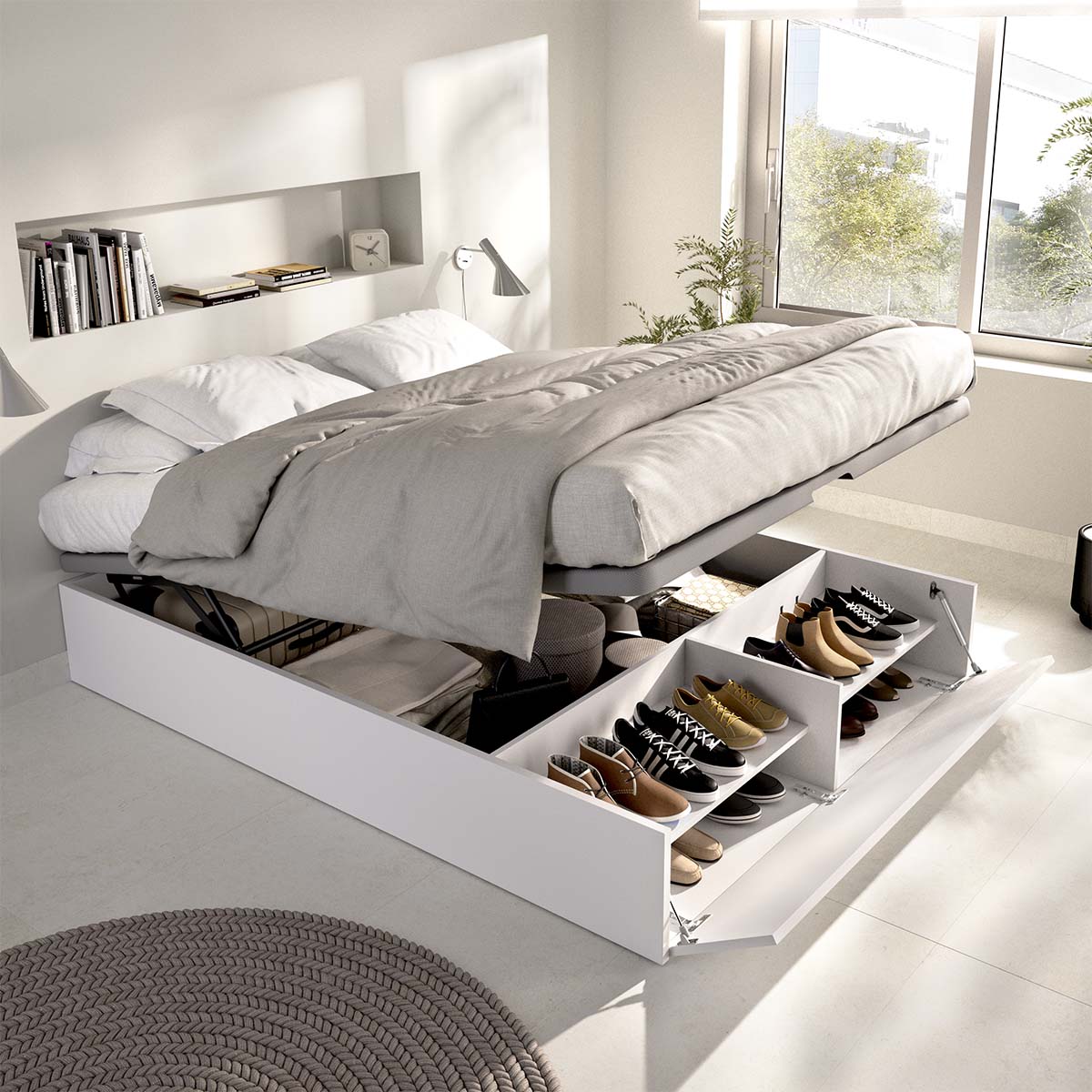 Pack ahorro matrimonio Canapé con zapatero Lan y Colchón viscoelástico y muelles Aurea, 27cm de Grosor, 135 x 190 cm