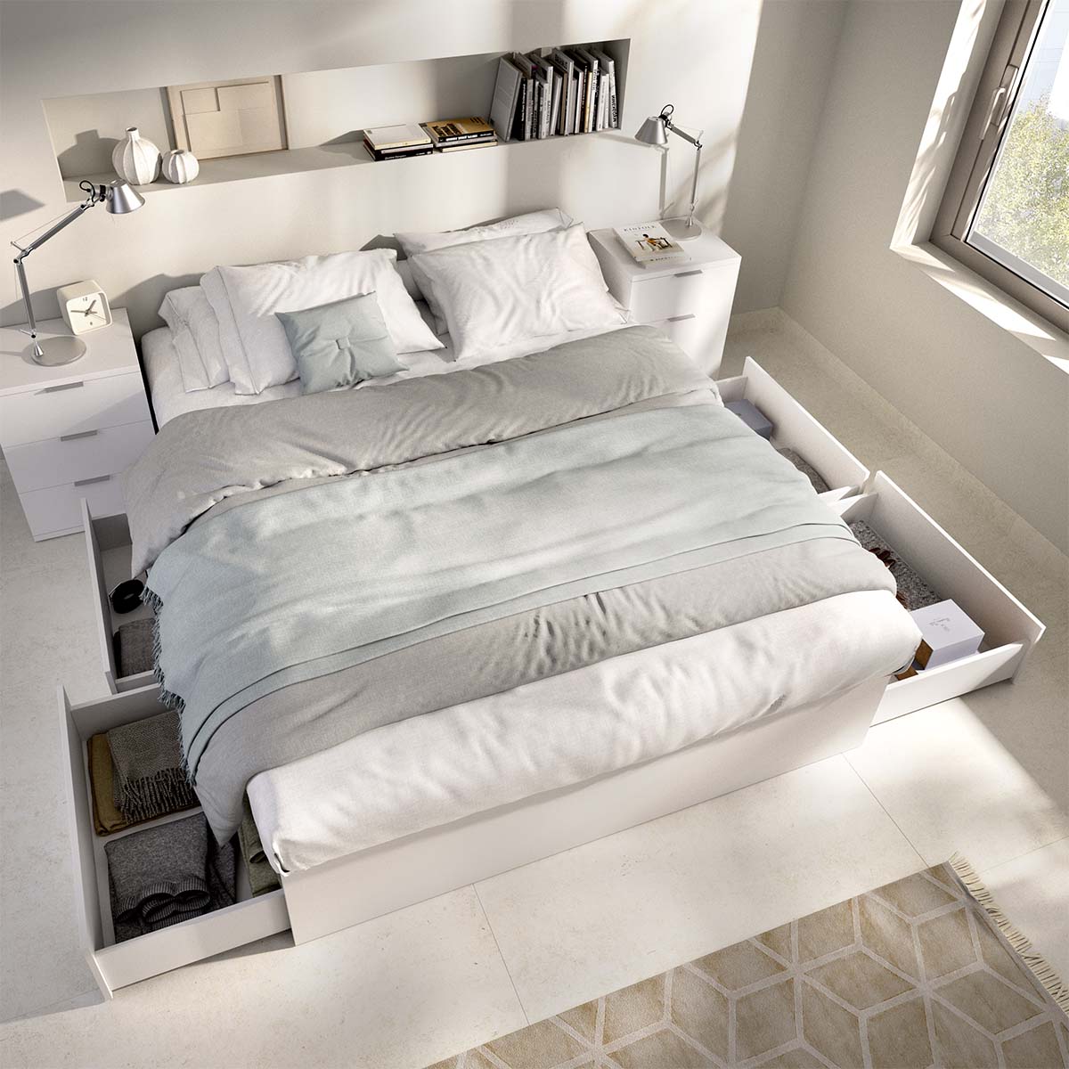 Pack ahorro matrimonio Cama compacta, 2 Mesitas de noche, Colchón viscoelástico Nova Plus y Somier 150 x 190 cm