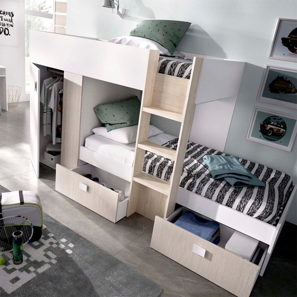 Pack ahorro juvenil Cama tren Groe, 1 Somier y 2 Colchones viscoelásticos Nova 90 x 190 cm