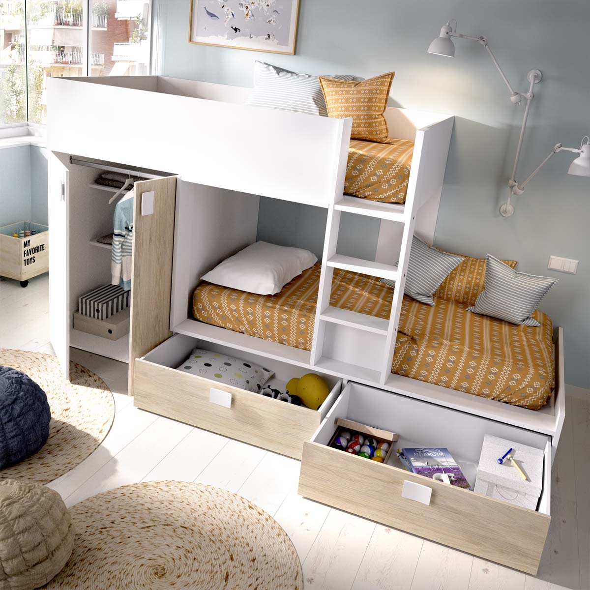 Pack ahorro juvenil Cama tren Matt con 2 Colchones viscoelásticos Nova 90 x 190 cm