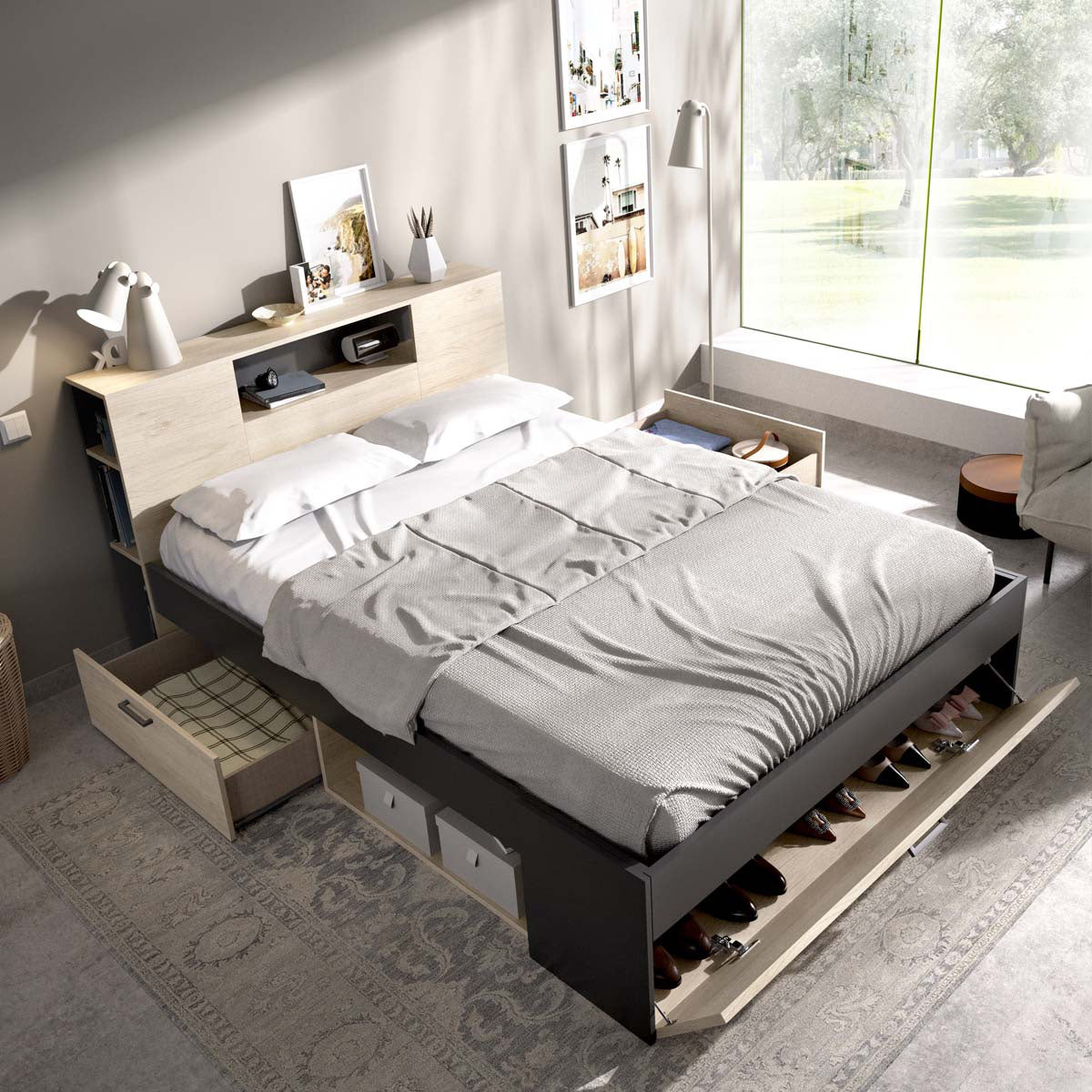 Pack ahorro matrimonio Cama Lanka con cabecero, Colchón Aurea y Somier 135 x 190 cm