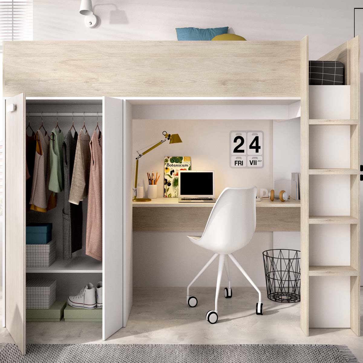 Pack ahorro juvenil Cama alta Spylo con Colchón viscoelástico Nova 90 x 190 cm