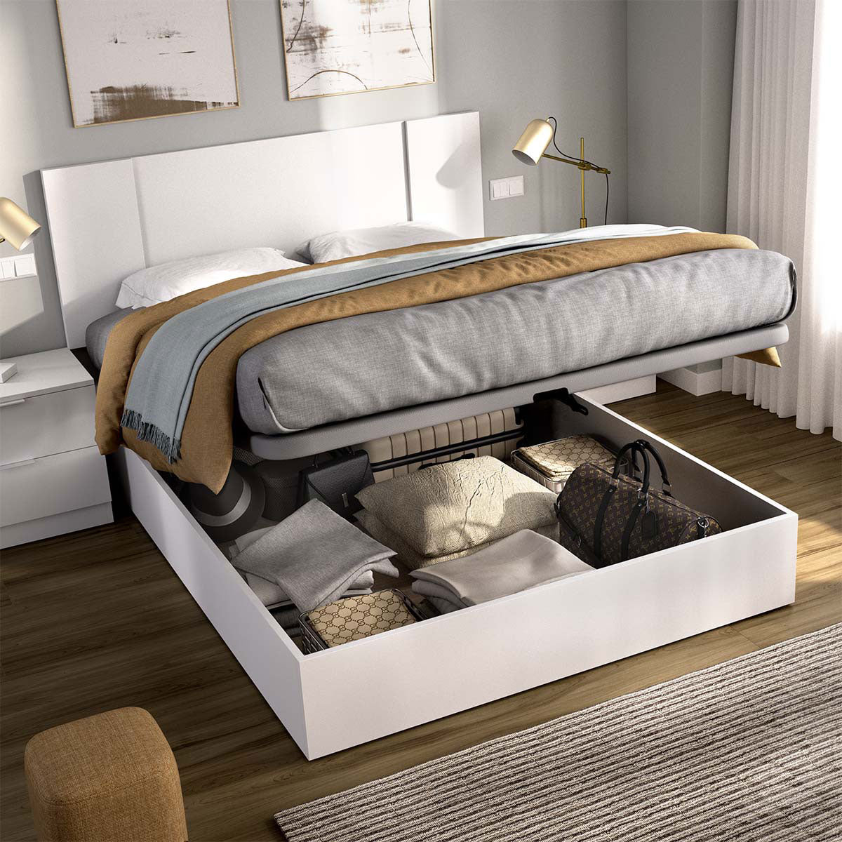 Pack ahorro matrimonio Canapé, Cabecero con 2 Mesitas Flow y Colchón viscoelástico Nova Plus 135 x 190 cm