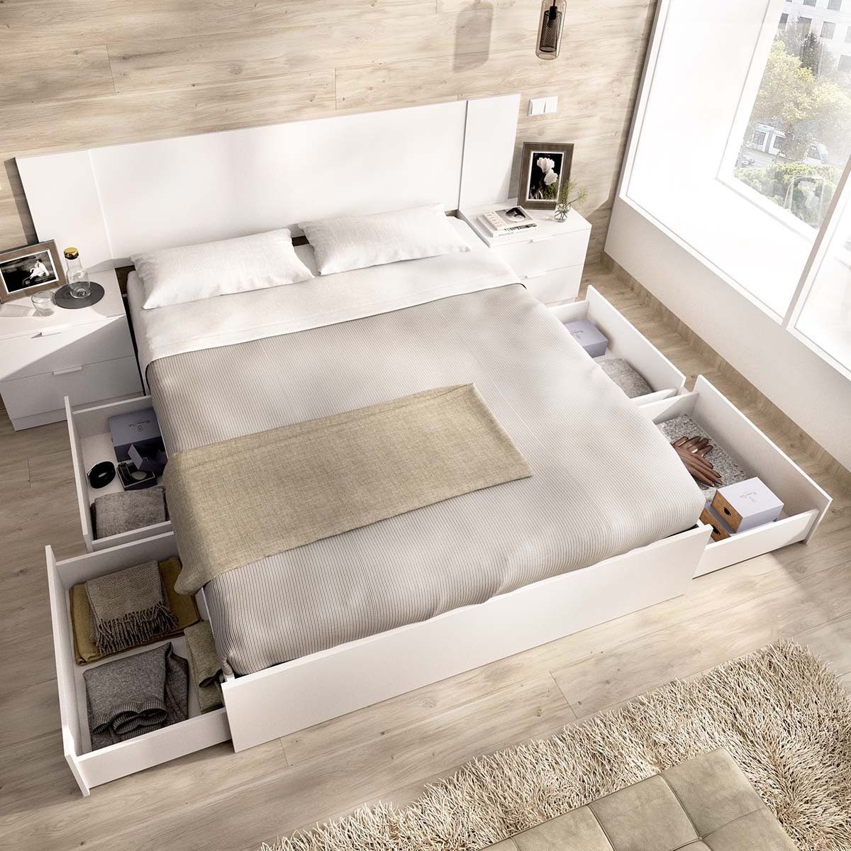 Pack ahorro matrimonio Cama compacta, Cabecero y 2 Mesitas Len, Colchón viscoelástico Nova Plus y Somier 150 x 190 cm
