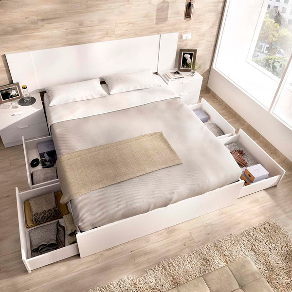 Pack ahorro matrimonio Cama compacta, Cabecero y 2 Mesitas Len, Colchón viscoelástico y muelles Aurea y Somier 150 x 190 cm
