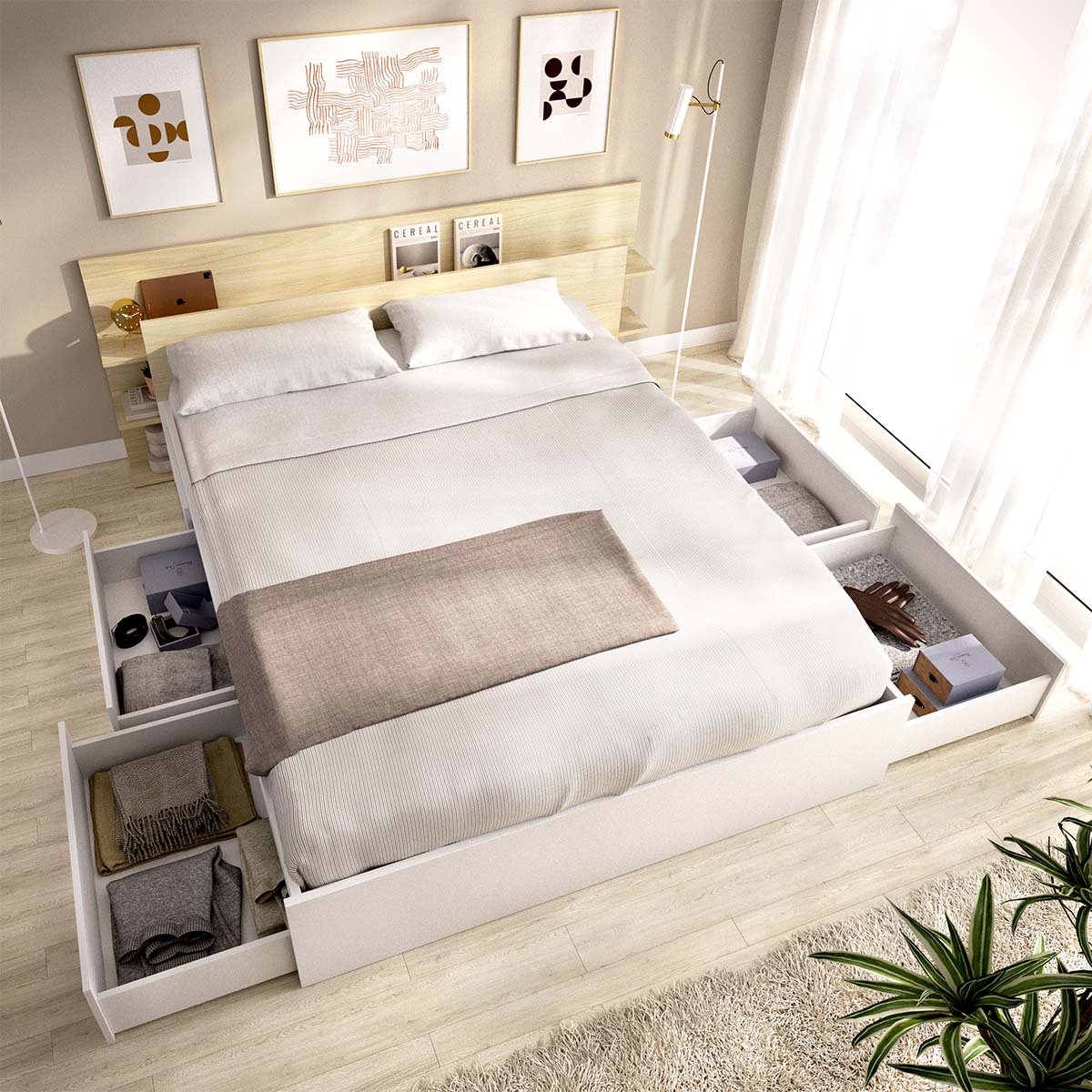 Pack ahorro matrimonio Cama compacta, Cabecero Tori, Colchón viscoelástico Nova Plus y Somier 150 x 190 cm