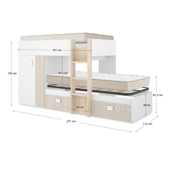 Pack ahorro juvenil Cama tren Groe, 1 Somier y 2 Colchones viscoelásticos Nova 90 x 190 cm