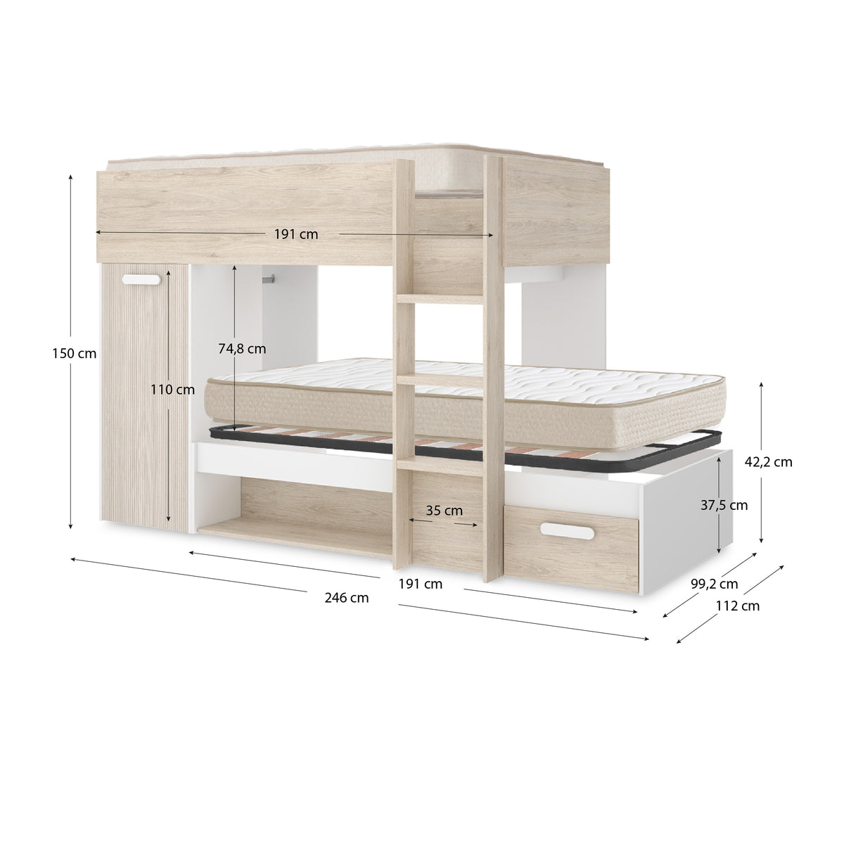 Pack ahorro juvenil Cama tren Kos, 1 Somier y 2 Colchones viscoelásticos Nova 90 x 190 cm