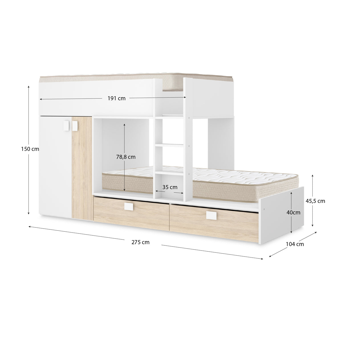 Pack ahorro juvenil Cama tren Matt con 2 Colchones viscoelásticos Nova 90 x 190 cm