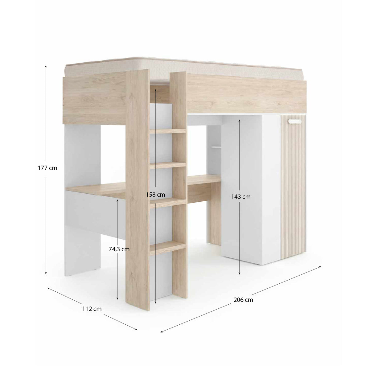Pack ahorro juvenil Cama alta Spylo con Colchón viscoelástico Nova 90 x 190 cm
