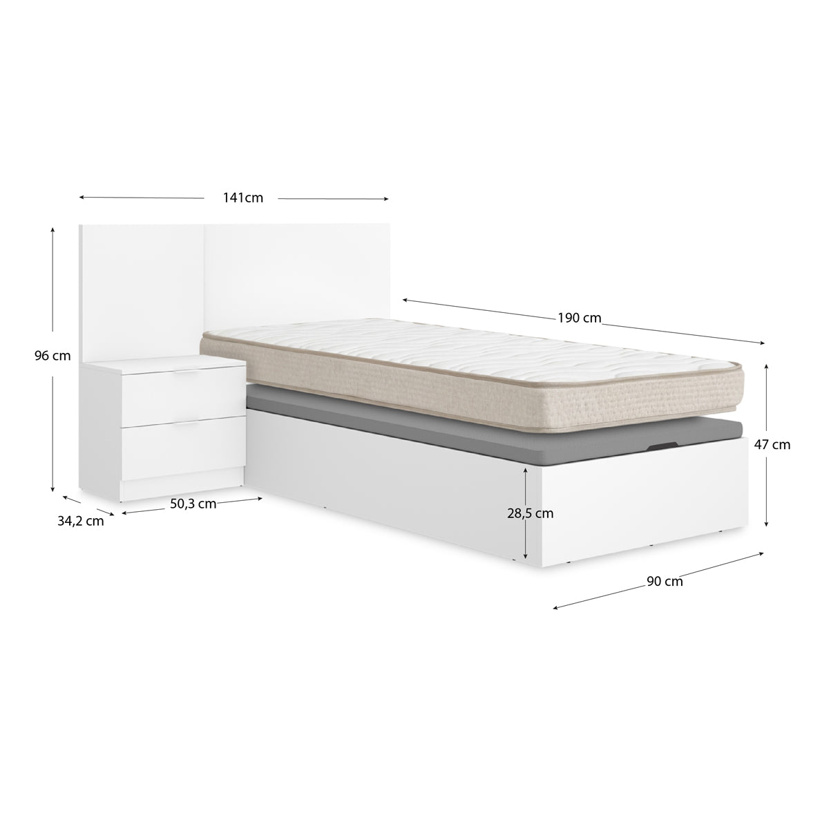 Pack ahorro juvenil Canapé con Cabecero y una Mesita Flow, y Colchón viscoelástico Nova de 90 x 190 cm