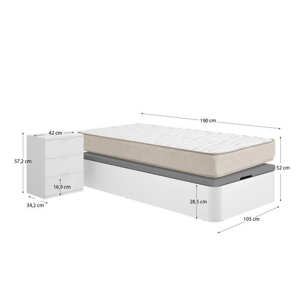 Pack ahorro juvenil Canapé Round con Colchón viscoelástico Nova Plus 105 x 190 cm y Mesita de noche Rio