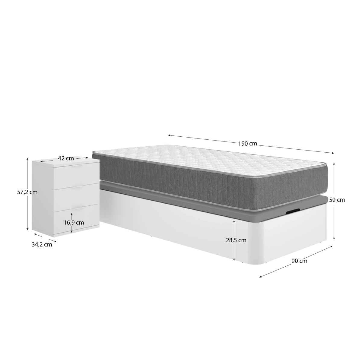 Pack ahorro juvenil Canapé Round con Colchón Aurea 90 x 190 cm y Mesita de noche Rio