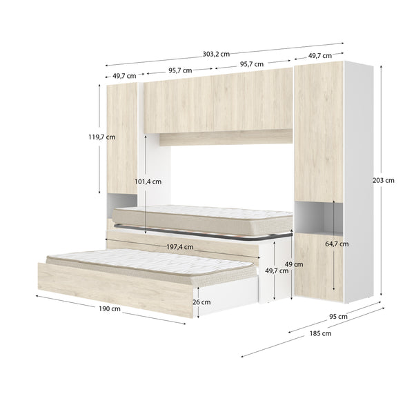 Pack ahorro juvenil Dormitorio puente Kwai, 1 Somier y 2 Colchones viscoelásticos Nova 90 x 190 cm