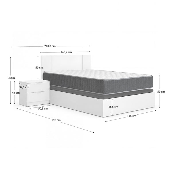 Pack ahorro matrimonio Canapé, Cabecero con 2 Mesitas Flow y Colchón viscoelástico y muelles Aurea 135 x 190 cm