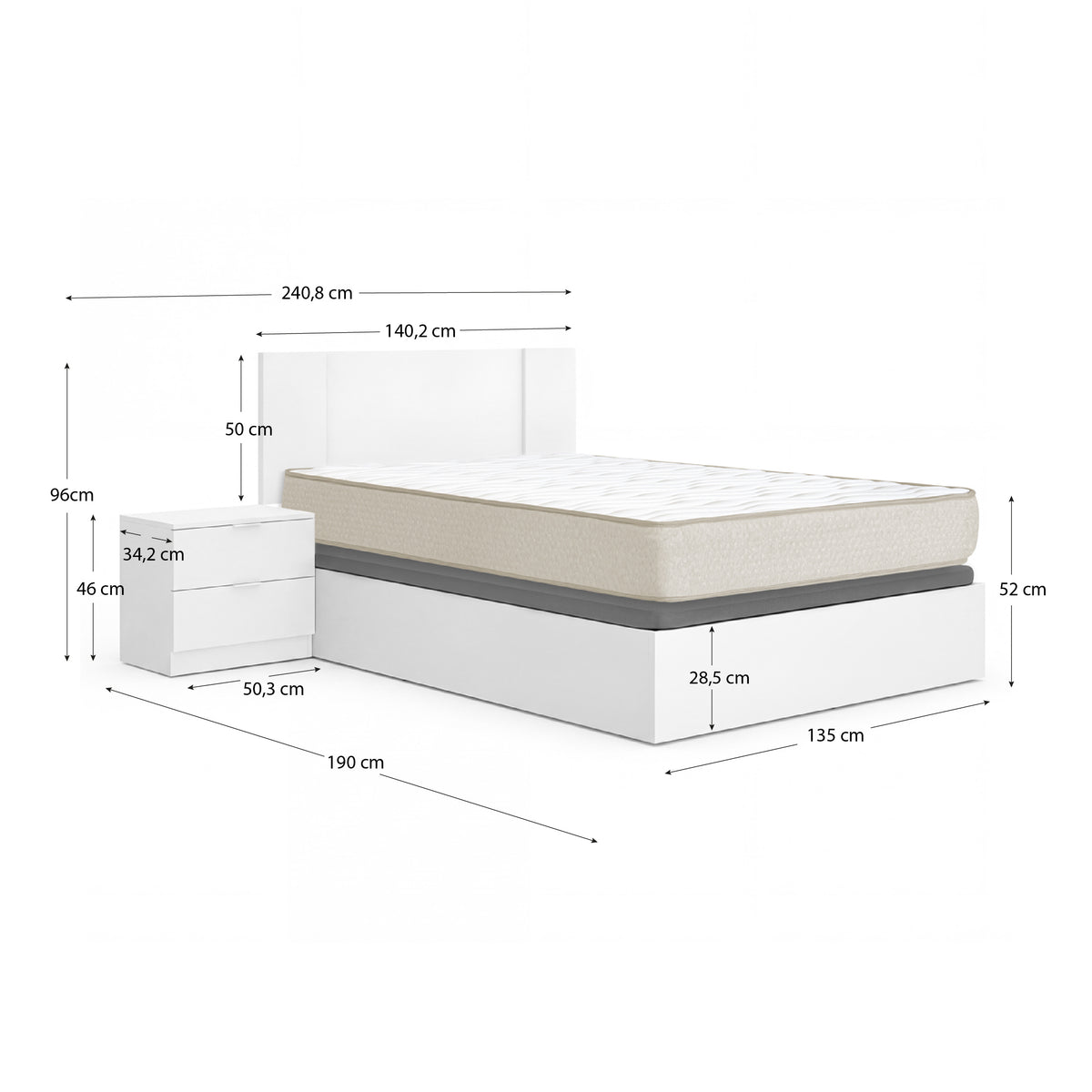 Pack ahorro matrimonio Canapé, Cabecero con 2 Mesitas Flow y Colchón viscoelástico Nova Plus 135 x 190 cm