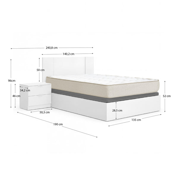 Pack ahorro matrimonio Canapé, Cabecero con 2 Mesitas Flow y Colchón viscoelástico Nova Plus 135 x 190 cm