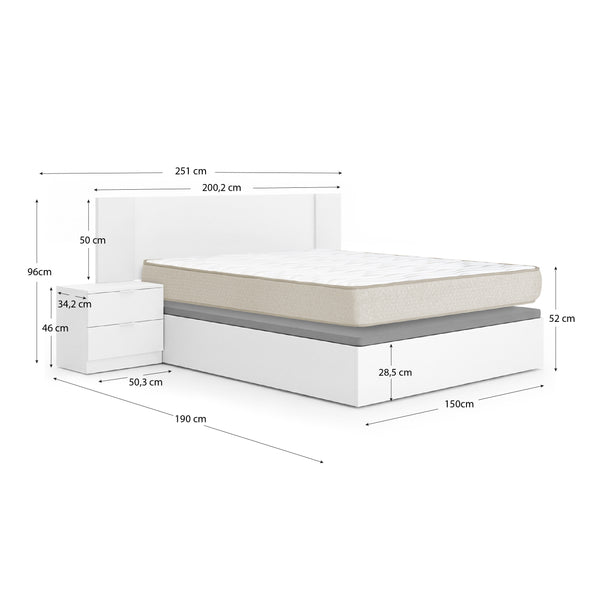 Pack ahorro matrimonio Canapé, Cabecero con 2 Mesitas Len y Colchón viscoelástico Nova Plus 150 x 190 cm