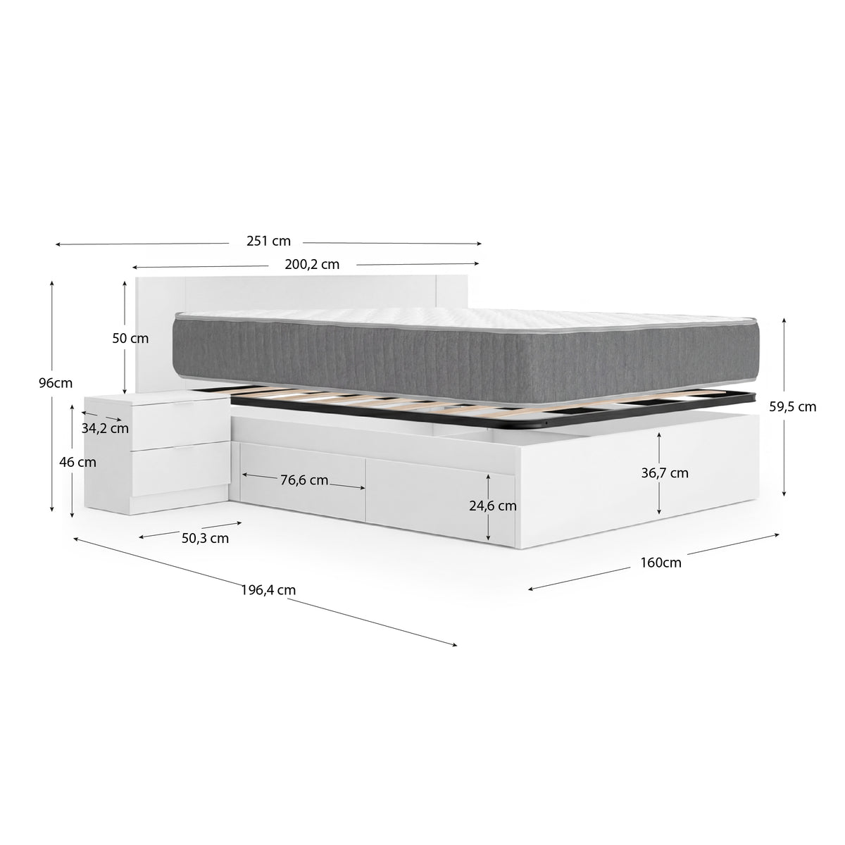 Pack ahorro matrimonio Cama compacta, Cabecero y 2 Mesitas Len, Colchón viscoelástico y muelles Aurea y Somier 150 x 190 cm