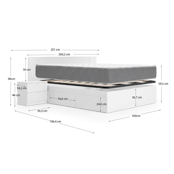 Pack ahorro matrimonio Cama compacta, Cabecero y 2 Mesitas Len, Colchón viscoelástico y muelles Aurea y Somier 150 x 190 cm