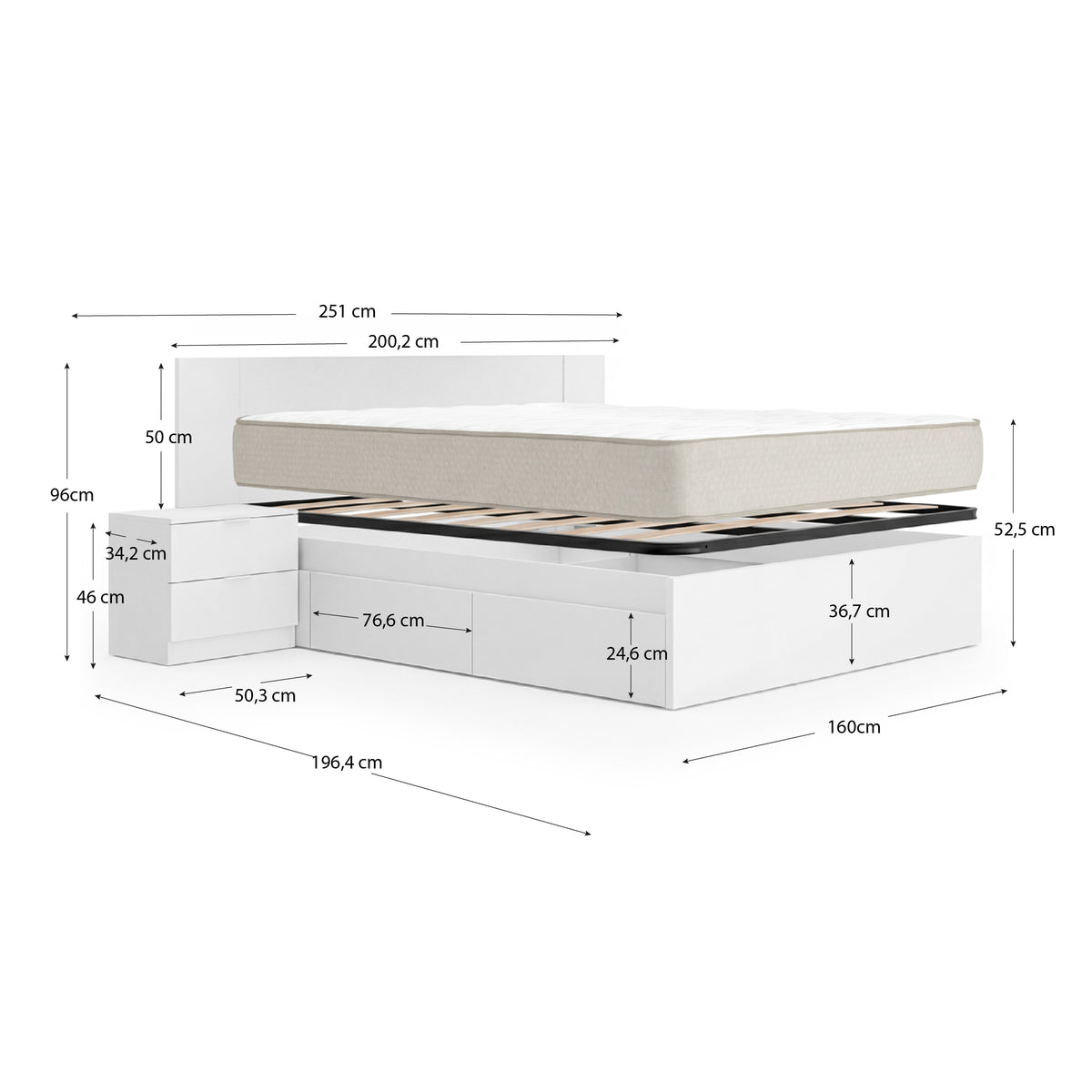Pack ahorro matrimonio Cama compacta, Cabecero y 2 Mesitas Len, Colchón viscoelástico Nova Plus y Somier 150 x 190 cm