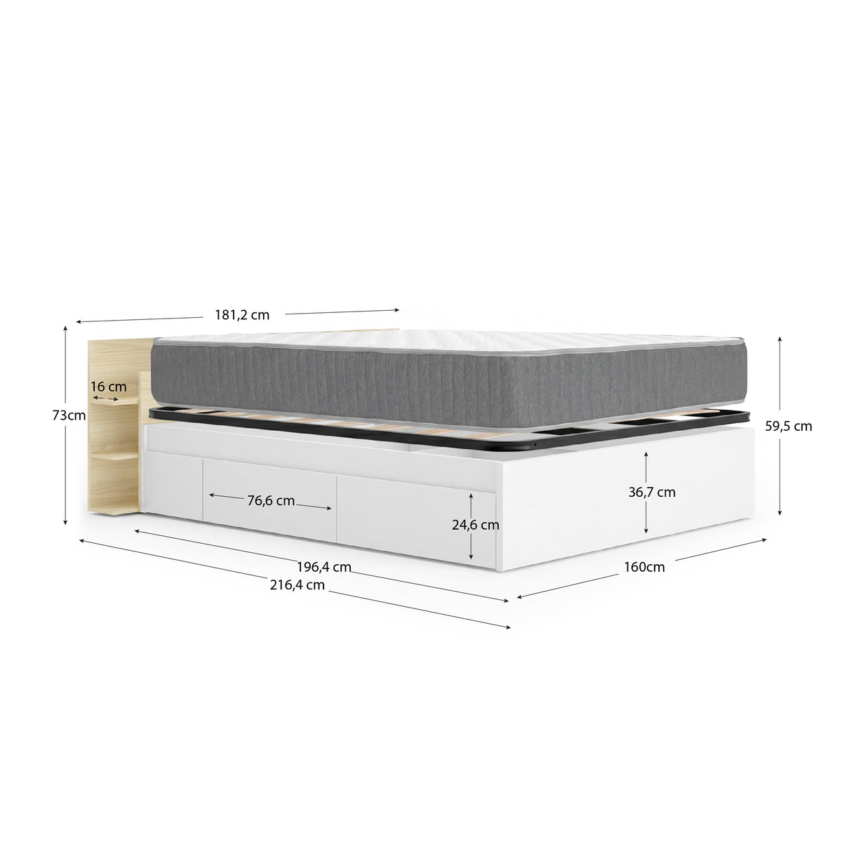 Pack ahorro matrimonio Cama compacta, Cabecero Tori, Colchón viscoelástico y muelles Aurea y Somier 150 x 190 cm