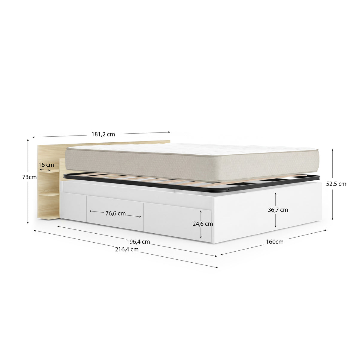Pack ahorro matrimonio Cama compacta, Cabecero Tori, Colchón viscoelástico Nova Plus y Somier 150 x 190 cm